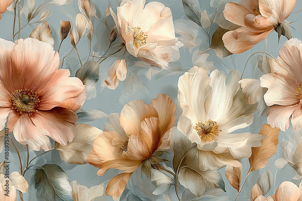 Fototapeta premium Chic and elegant seamless pattern with wildflowers, peonies realistic flowers in soft blush pink, ivory, and faded peach tones
