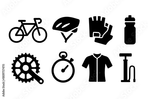 Essential cycling gear icons in bold silhouette style