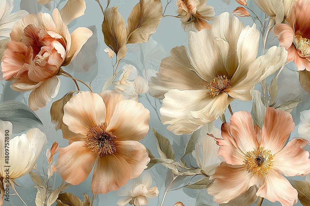 Fototapeta premium Chic and elegant seamless pattern with wildflowers, peonies realistic flowers in soft blush pink, ivory, and faded peach tones