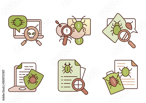 Collection of vector icons related to computer bugs and cybersecurity threats