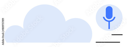 Cloud and blue microphone icon alongside sound waves emphasize voice recognition, data storage, collaboration, and tech innovation. Ideal for technology, communication, AI, cloud computing, storage