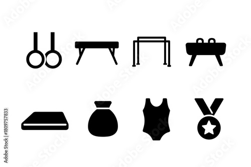 Gymnastics equipment icons: rings, bars, and medals in bold silhouette style