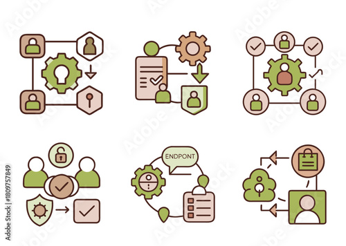 Business process automation and data integration flow infographic, illustrated diagrams set