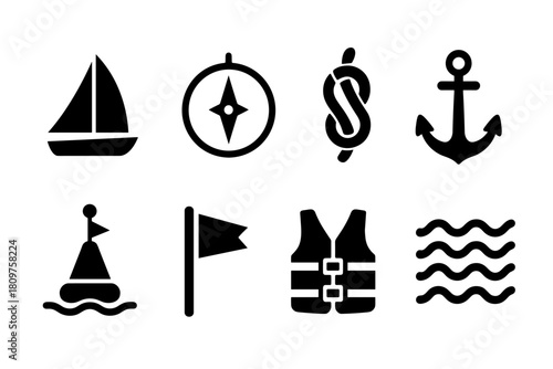 Adventure icons: kayaking, safety gear, and water navigation symbols