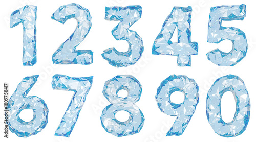 Set of numbers is made of glossy ice. 3d illustration transparent background