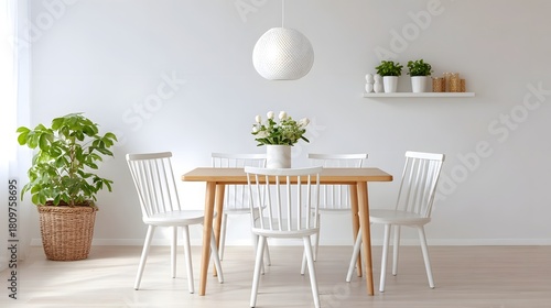 Minimalist Scandinavian style dining area featuring a light wood table white spindle back chairs a lush green houseplant in a woven basket and a decorative shelf on a white wall