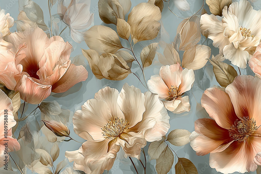 Fototapeta premium Chic and elegant seamless pattern with wildflowers, peonies realistic flowers in soft blush pink, ivory, and faded peach tones