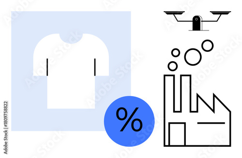 White shirt design and factory emitting bubbles alongside quadcopter and percentage icons. Ideal for sustainability, fashion, technology, production, retail, innovation, and efficiency concepts