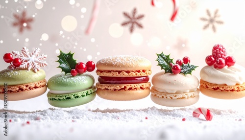 Wallpaper Mural 雪の上に並ぶマカロンとクリスマス飾り / Festive macarons on snowy surface with ber Torontodigital.ca