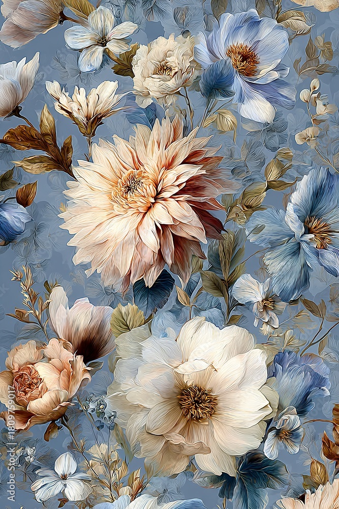 Fototapeta premium Chic and elegant seamless pattern with peonies, dahlias, roses and delphiniums in blue tones