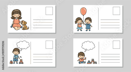 Four cartoon postcards featuring children and their toys, with space for messages.
