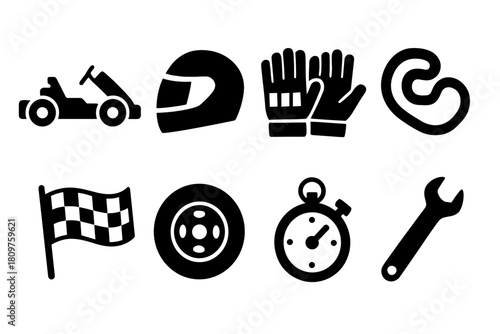 Marathon essentials icons: shoes, stopwatch, medal, finish line in black silhouette