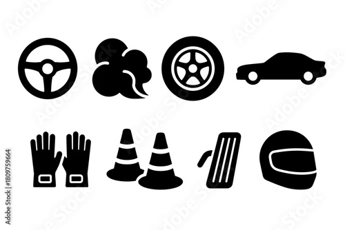 Racing icons collection: helmet, car, wrench, stopwatch, fuel, track