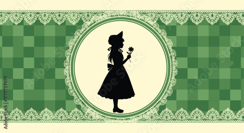 Silhouette of a girl in a hat holding a flower, framed by lace on a green checkered background.