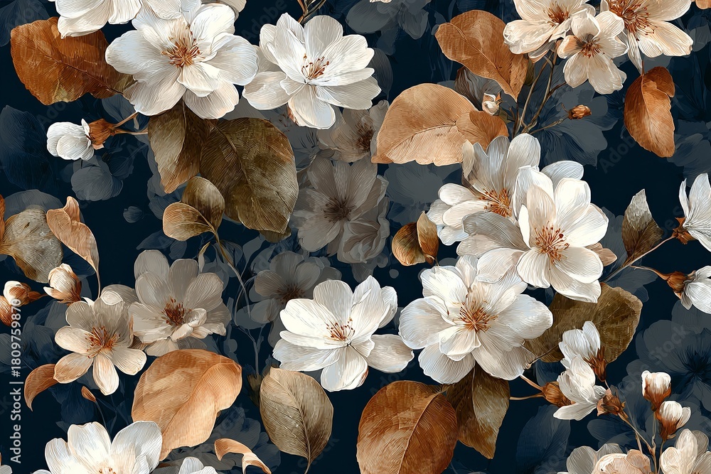 Fototapeta premium Chic and elegant flower pattern with white flowers with muted and brown leaves on navy background