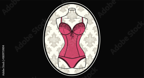 Illustration of a pink corset and matching panties on a mannequin against a damask background.