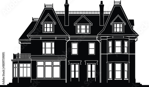 Large Victorian manor house silhouette, luxury estate vector illustration, historic architecture design, country mansion building, traditional residential home, gothic style 