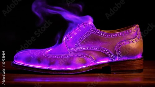 A brogue shoe, radiating with purple energy, floats on a wooden surface against a dark background