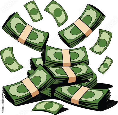 Green dollar bills scattered and in stacks, financial graphic.
