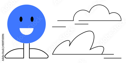 Smiling blue-faced character beside abstract clouds with line details and clean shapes. Ideal for positivity, creativity, simplicity, weather, minimalism, happiness, inspiration themes. Simple flat