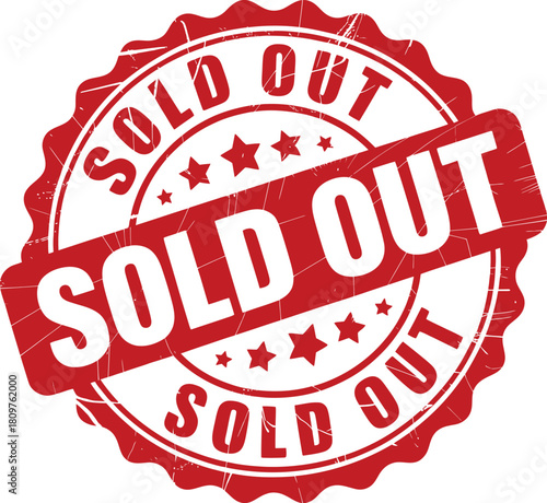Sold out grunge red stamp icon with stars on white background