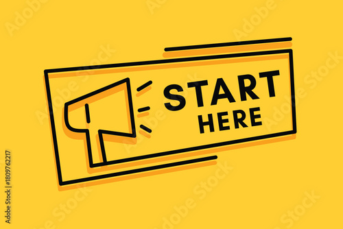 Start here badge banner for announce, business, ad. Colourful element with megaphone illustration design.