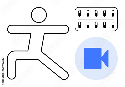 Stick figure in yoga pose, calendar for schedules, and video icon for virtual classes. Ideal for fitness, online training, wellness apps, exercise tracking, health management, time planning