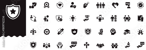 Trust Icons set vector illustration with collection of shield, badge, handshake, verified check, guarantee, rating, reliability, credibility, assurance, integrity, loyalty, confidence, partnership.