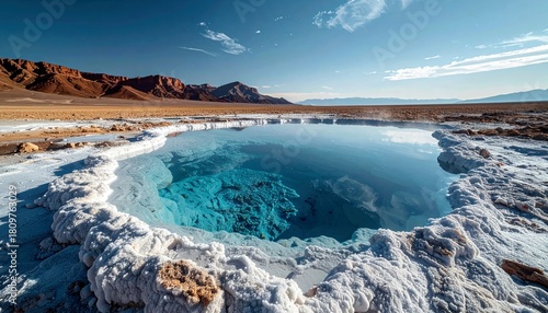 A striking geothermal pool with crystal-clear blue water is surrounded by white salt deposits in a vast desert landscape with distant mountains.