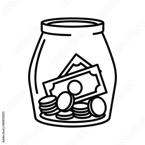 Money jar outline icon, savings container, financial investment, cash accumulation, wealth management