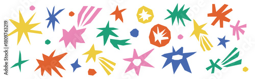 Cut out irregular star shapes for collages. Cut color explosion shapes with torn edge. Shape colorful stars doodle scrap background.