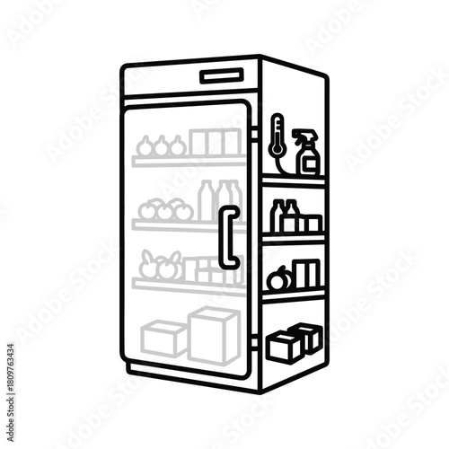 Line art icon of a commercial refrigerator filled with food and supplies, representing storage and cooling