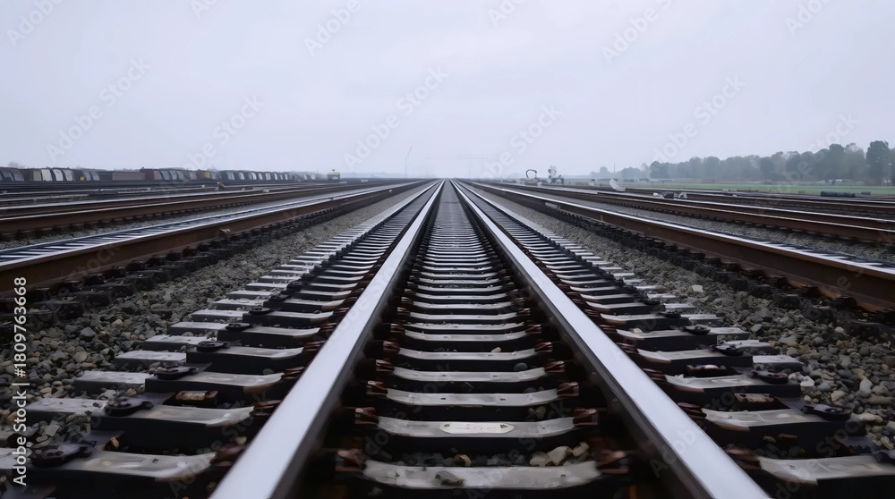 Fototapeta premium long straight railway creating a powerful perspective line disappearing into the far horizon under soft daylight