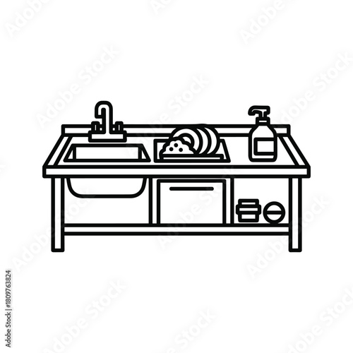 Kitchen counter with a double sink, dirty dishes, and soap dispenser, black and white line art illustration