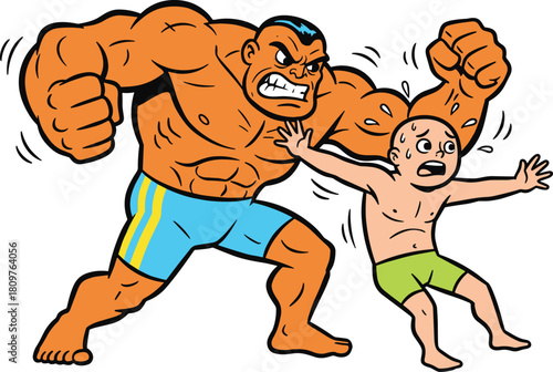 Aggressive muscular man confronting scared person, bullying concept, intimidation, power imbalance, emotional abuse, conflict vector illustration for education, awareness, psychology, social issues