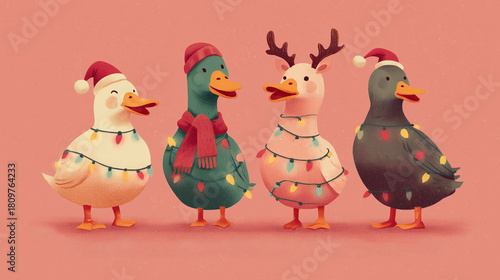cute christmas ducks decorated with holiday lights and winter accessories, ideal for festive greeting cards, children’s illustrations, holiday invitations, playful posters, seasonal social media 