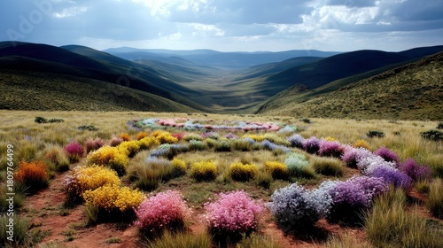 A circular arrangement of colorful wildflowers creates a striking contrast against the muted tones of a vast, rolling landscape.