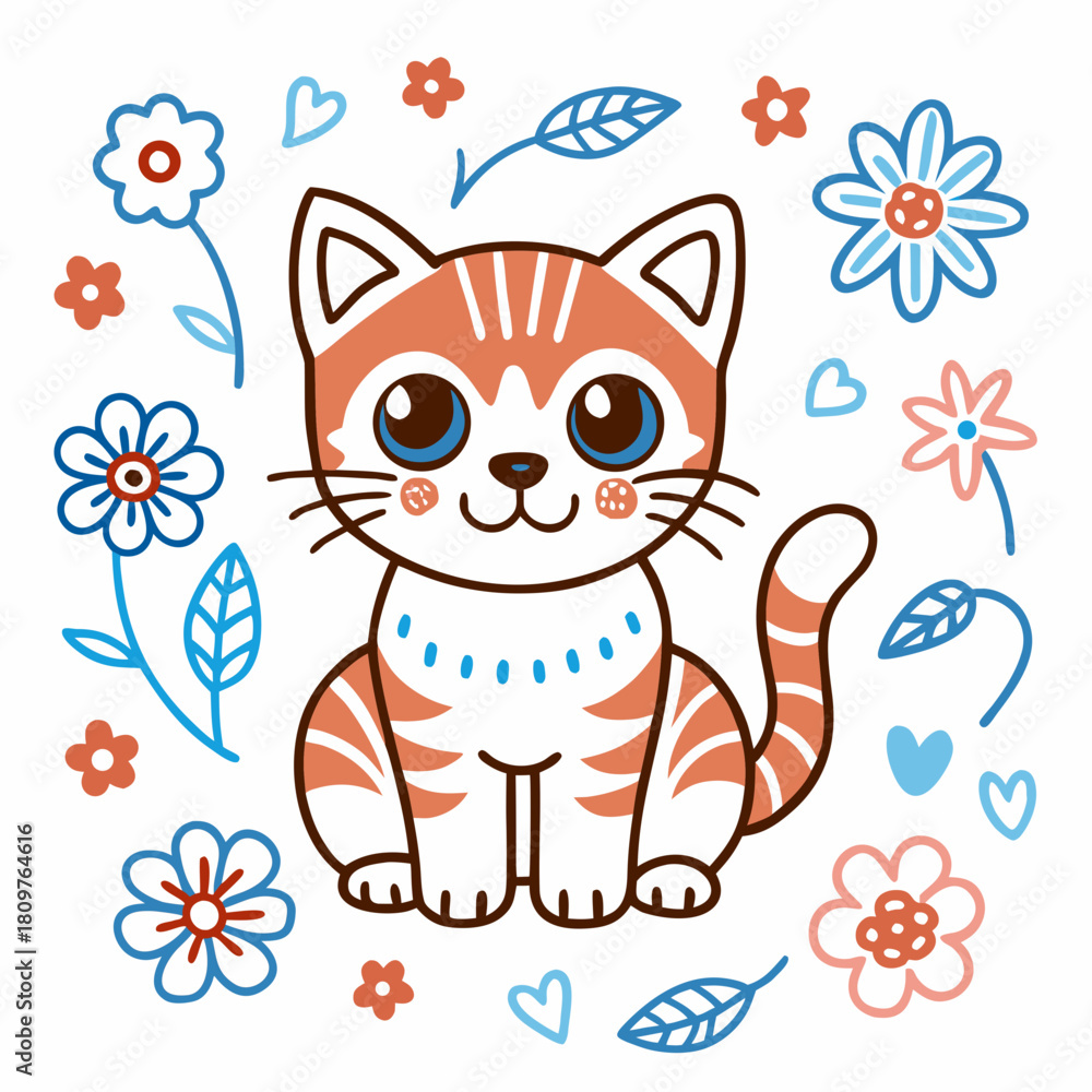 Obraz premium Cute cartoon ginger cat surrounded by flowers