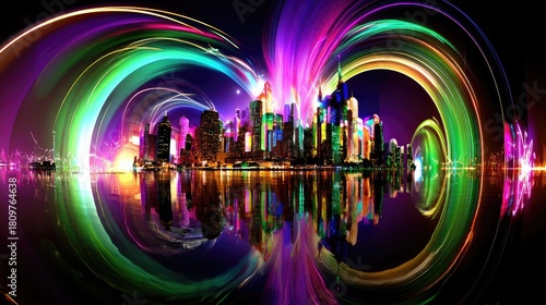 A city skyline at night is illuminated by colorful light trails that create a swirling effect, reflected in the calm water below.