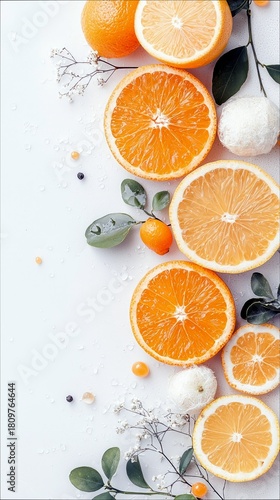 A bright and refreshing arrangement of sliced and whole oranges, accented by small white flowers, green leaves, and scattered droplets on a clean white surface.