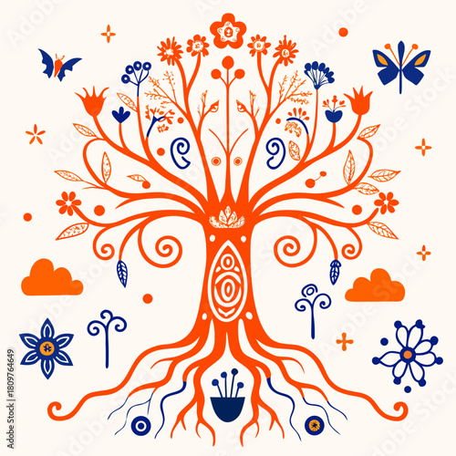 Stylized tree of life with flowers and butterflies 