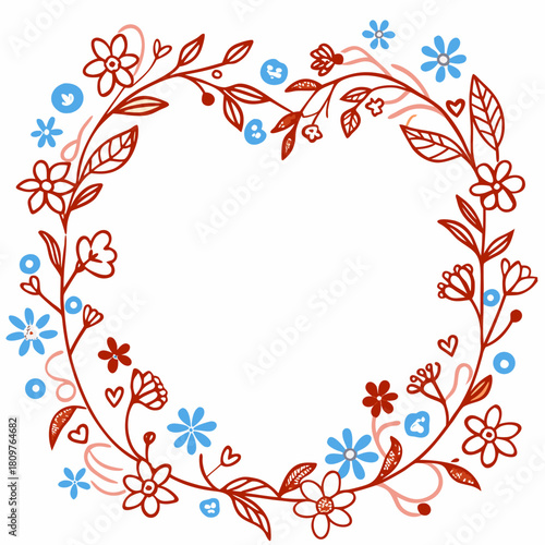 Hand drawn floral wreath isolated on with flowers and leaves