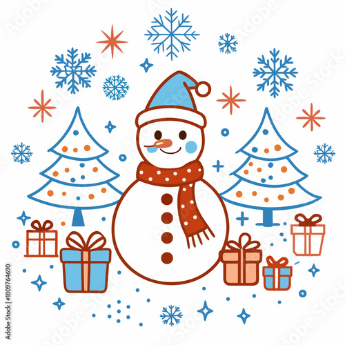 Cute snowman with christmas tree and gift 