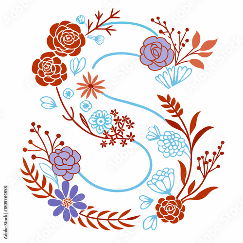 Letter S floral monogram isolated on, decorative alphabet design