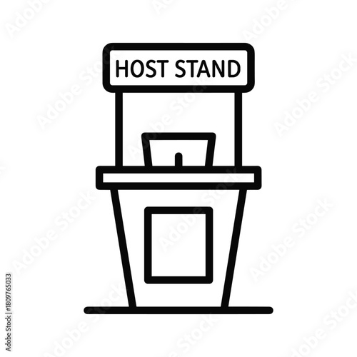 Host stand with a sign, typically found in restaurants or event venues for guest reception