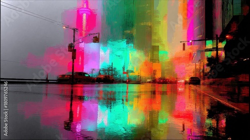 A city street at night is illuminated by vibrant neon lights, casting colorful reflections on the wet pavement.