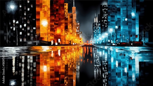 A nighttime cityscape with buildings illuminated by contrasting orange and blue lights, their reflections shimmering on wet streets.