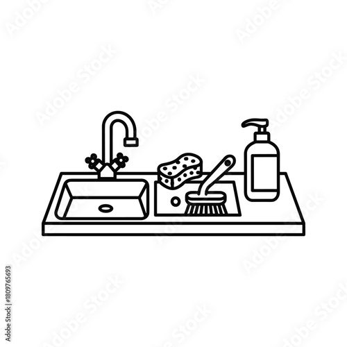 Kitchen sink icon with faucet, sponge, brush, and soap, line art, isolated on