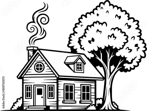 A monochrome illustration of a house with a tree and smoke coming from the chimney on a white background
