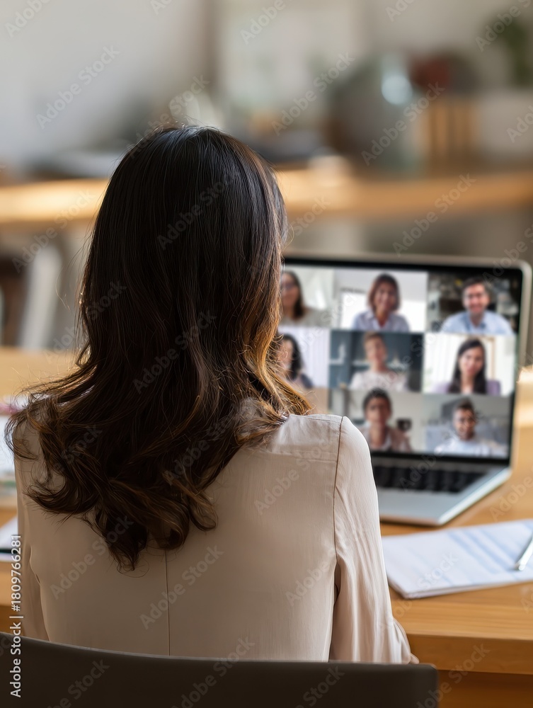 Naklejka premium back view of business latin woman talking to her mexican colleagues in video conference business team using laptop for a online meeting in video call working from home in latin america no logos no br